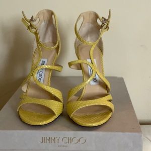 Jimmy Choo Women Furrow Yellow Pearlised Printed Leather Sandals Size 36.5